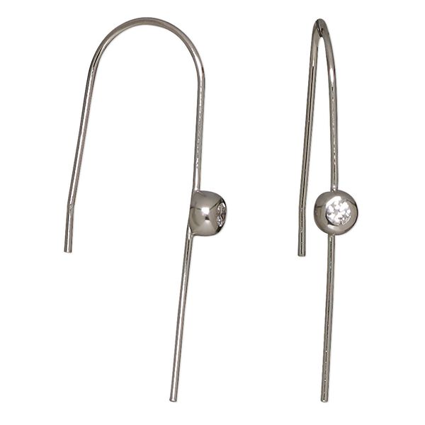 Earring, Create Compliments®, cubic zirconia and rhodium-plated sterling silver, clear, 40mm U-shape with 5mm round. Sold per pair. image number 0