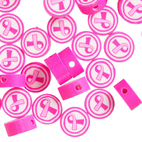 Bead 1pkg50, polymer clay, dark pink / light pink / white, 9mm flat round awareness ribbon image number 0