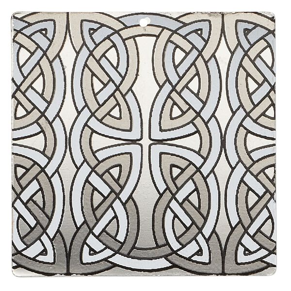 Focal, imitation rhodium-finished carbon steel, black and white, 40x40mm single-sided square with Celtic knot design. Sold per pkg of 2. image number 0