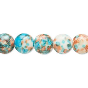 Bead, resin and painted ceramic, orange / blue / white, 10mm puffed flat round. Sold per 15-1/2" to 16" strand.
