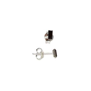 Earring 1pkg2 sterling silver, 4x2mm rectangle earstud / earnuts, glass jet 1 pair