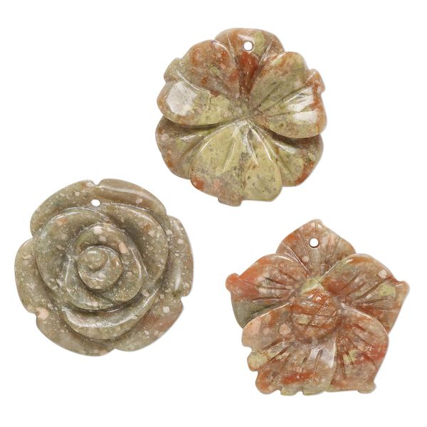 Autumn jasper 1pkg3, top-drilled carved flower drop natural mix 30x24mm-31x30mm image number 0