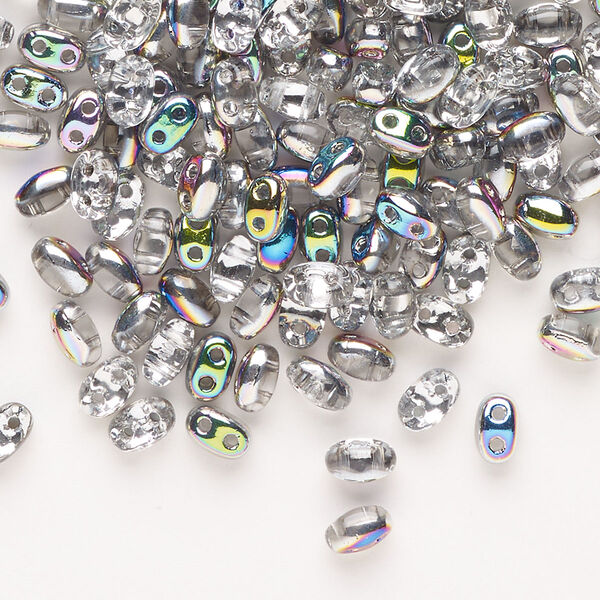 Seed bead, Preciosa Twin™ Pressed Twin Czech glass, pkg/200, 5x2.5mm oval, opaque AB crystal clear, (15317). image number 0