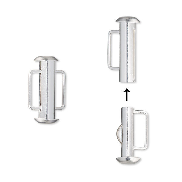 Clasp, slide lock, silver-plated brass, 16x6mm round tube. Sold per pkg of 4. image number 0