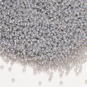 Seed bead, Miyuki, glass, pkg/35g, #15 rocaille, translucent glazed luster silver grey alabaster base (RR-526).