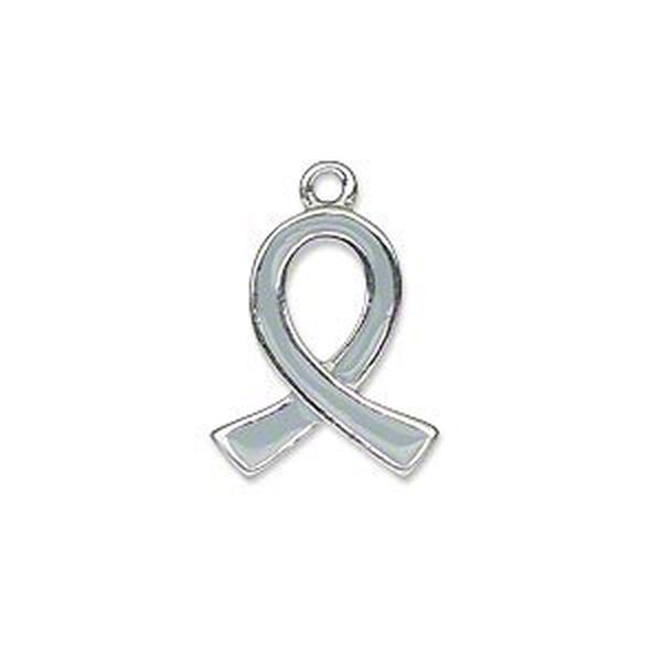 Charm, silver-plated "pewter" (zinc-based alloy) and enamel, grey, 18x15mm single-sided awareness ribbon. Sold individually. image number 0