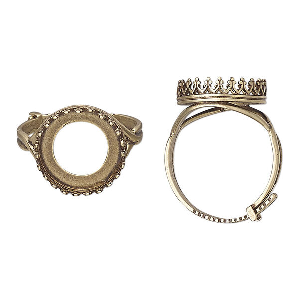 Ring, JBB Findings, antiqued brass, 16mm wide with decorative trim and 14mm round bezel setting, adjustable from size 8-11. Sold individually. image number 0