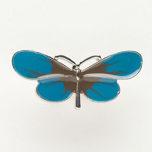 Bead, slide, brass and enamel, pkg/1, 38x16mm dragonfly, silver finish / blue / brown.