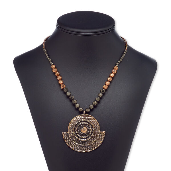Necklace, copper- / gunmetal-plated steel / antique copper-plated brass / copper- / gunmetal-coated plastic, 63x57mm round, 18 inches with 3-inch extender chain and lobster claw clasp. Sold individually. image number 0