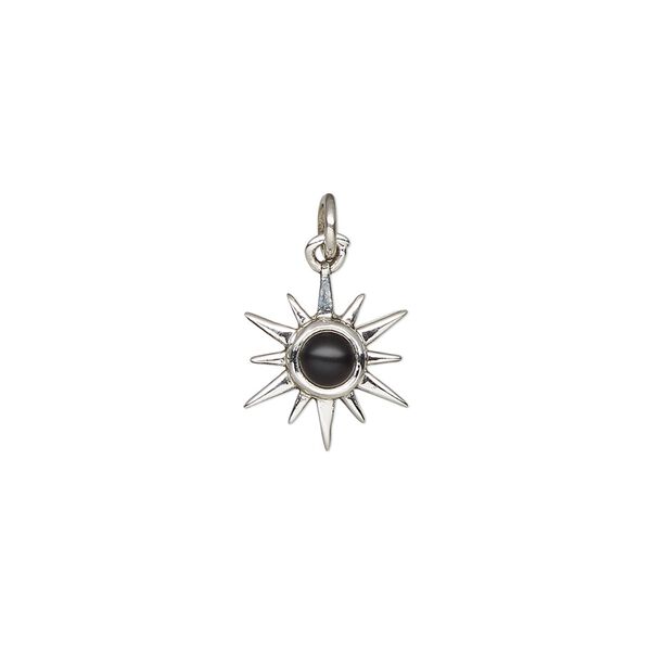 Black onyx / sterling silver 1pkg1, antiqued open star drop 12x12mm image number 0