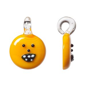 Drop, lampworked glass, orange / black / white, 19mm round jack-o-lantern. Sold individually.