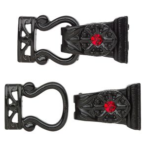Clasp magnetic fold-over 1pkg2 "pewter" (zinc alloy), 29x13mm, black-finished / red rhinestone 2-strand