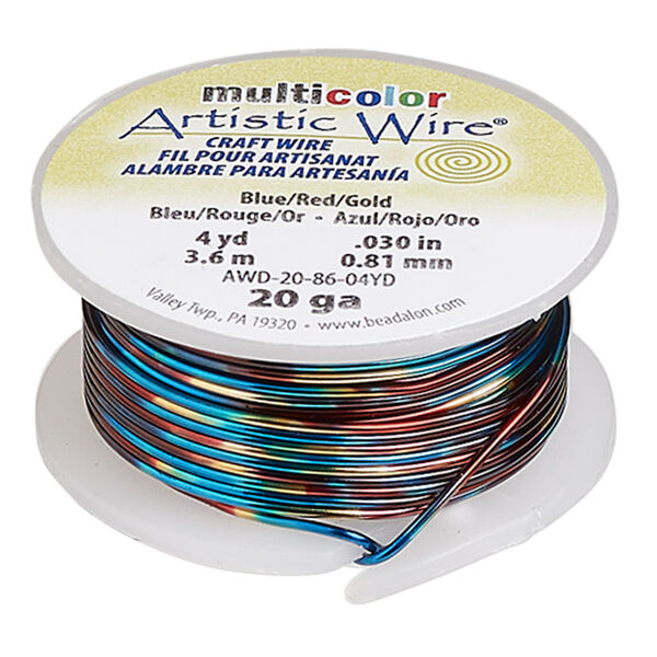 Wire, Artistic Wire®, copper, variegated blue / red / gold, 0.81mm round, 20 gauge. Sold per 4-yard spool. image number 0