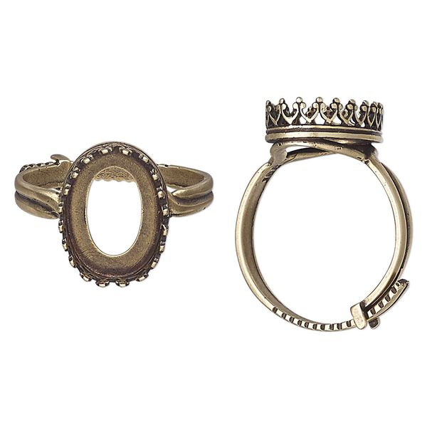 Ring, JBB Findings, antiqued brass, 15.5mm wide with decorative trim and 14x10mm oval bezel setting, adjustable from size 8-11. Sold individually. image number 0
