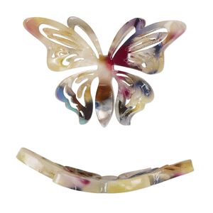 Focal, resin, multicolored, 35x22mm curved butterfly with cutouts. Sold per pkg of 4.