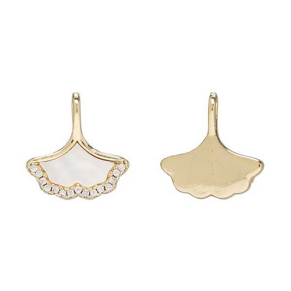 Pendant 1pkg1 gold-finished brass / glass rhinestone / mother-of-pearl shell (bleached), clear / white, 16x9mm ginkgo leaf. image number 0