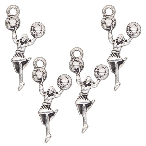 Charm, antique silver-finished "pewter" (zinc-based alloy), 15x11mm single-sided cheerleader. Sold per pkg of 4. image number 0