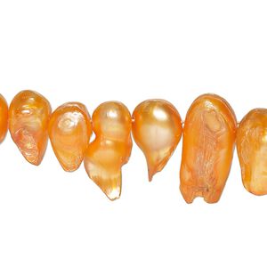 Pearl, cultured freshwater (dyed), tangerine, 7x6mm-19x9mm baroque with 0.4mm hole, Mohs hardness 2-1/2 to 4. Sold per 15-inch strand.
