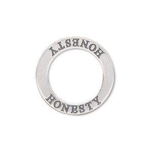 Charm, sterling silver, 22mm double-sided affirmation circle "HONESTY." Sold individually.