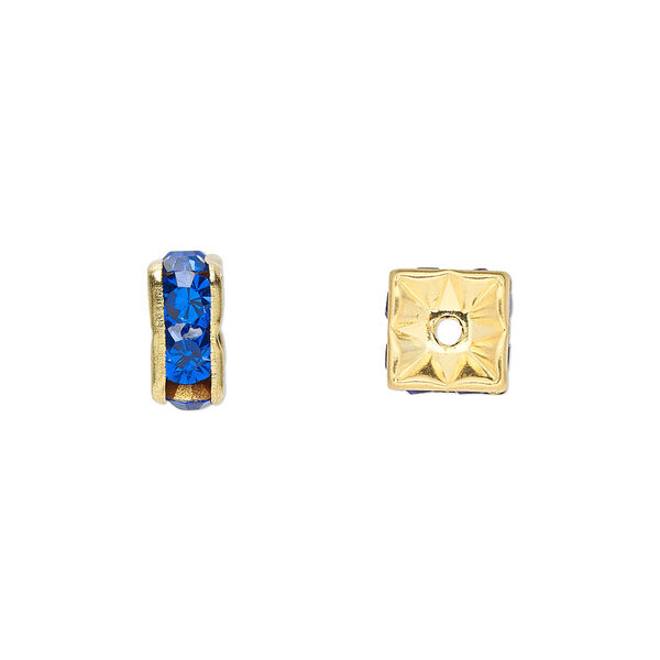 Bead, glass rhinestone and gold-finished brass, sapphire blue, 8x4mm squaredelle. Sold per pkg of 10. image number 0
