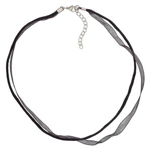 Necklace cord, nylon / organza / silver-plated steel / "pewter" (zinc-based alloy), black, 2mm round and 10mm wide, 16 inches with 2-inch extender chain and lobster claw clasp. Sold per pkg of 10.