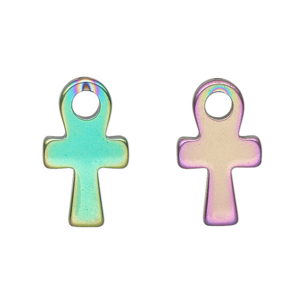 Drop, electroplated Hemalyke™ (man-made), rainbow, 21x12mm double-sided Ankh. Sold per pkg of 4. image number 0
