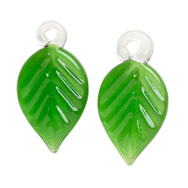 Drop, lampworked glass, transparent green, 24x16mm handmade single-sided leaf. Sold per pkg of 2. image number 0