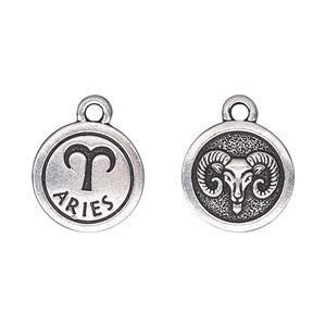 Charm, TierraCast®, antique silver-plated pewter (tin-based alloy), 15mm two-sided flat round with Aries zodiac sign and symbol. Sold per pkg of 2.