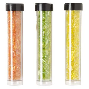 Bugle bead mix, Ming Tree™, glass, translucent and transparent orange / yellow / grass green, 1/4 inch. Sold per pkg of (3) 4 x 3/4 inch vials, approximately 2,000 beads.