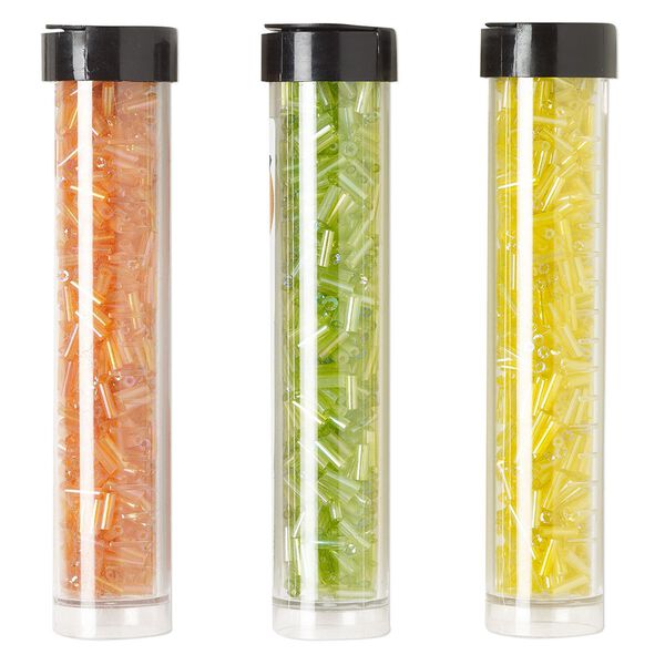 Bugle bead mix, Ming Tree™, glass, translucent and transparent orange / yellow / grass green, 1/4 inch. Sold per pkg of (3) 4 x 3/4 inch vials, approximately 2,000 beads. image number 0
