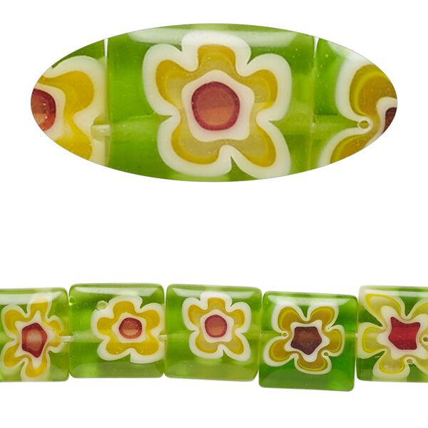 Bead, millefiori glass, translucent green and multicolored, 9mm-11x10mm puffed square with flower design. Sold per 14-inch strand. image number 0