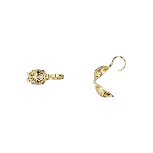 Bead tip, Hot Tips®, antique gold-plated brass, 9x5mm bottom clamp-on turtle with open loop. Sold per pkg of 100. image number 0