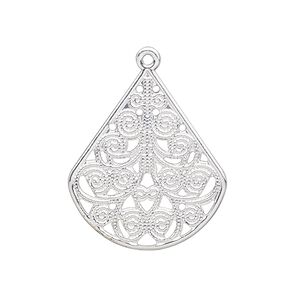 Drop, silver-plated steel, 26x23mm filigree teardrop. Sold per pkg of 10.