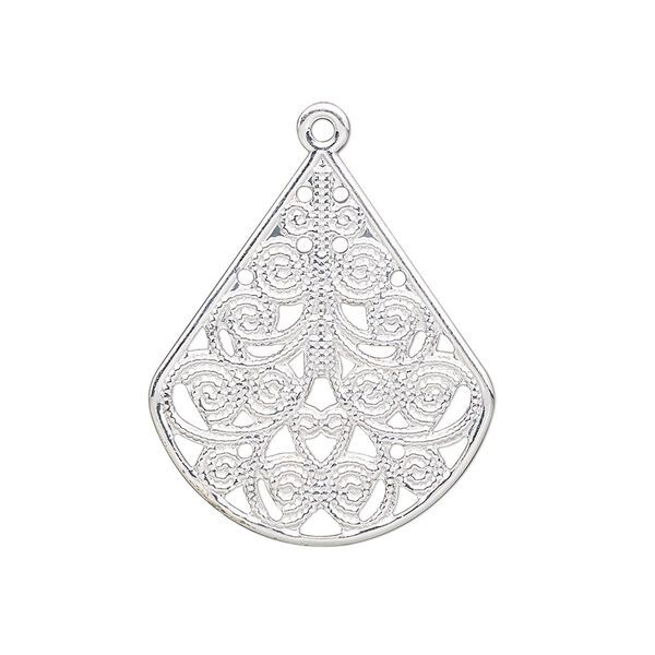 Drop, silver-plated steel, 26x23mm filigree teardrop. Sold per pkg of 10. image number 0