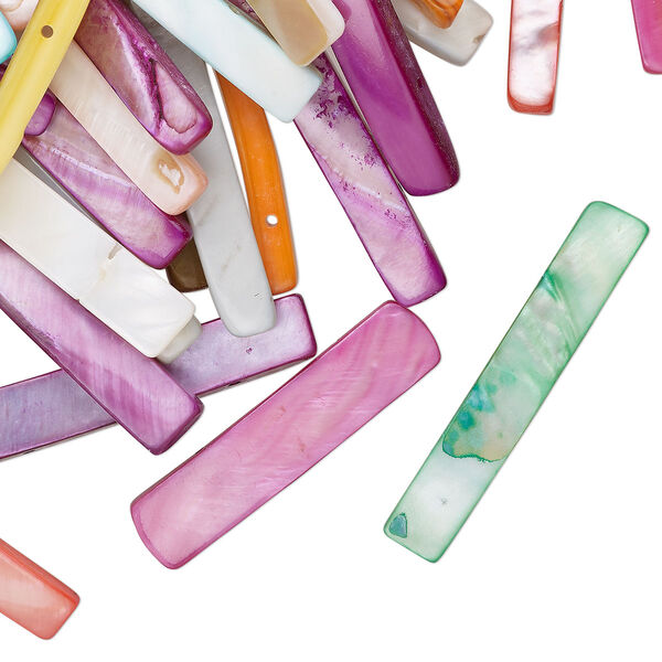 Bead mix, spacer, 2-strand, mother-of-pearl shell (bleached/dyed), mixed colors, 41x5-60x10mm stick, fits up to 21mm beads, Mohs hardness 3-1/2. Sold per 4-ounce pkg, approximately 40 beads. image number 0