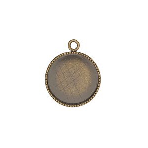 Drop, antiqued brass, 16mm round with beaded edge and 15mm round bezel cup setting. Sold per pkg of 6.