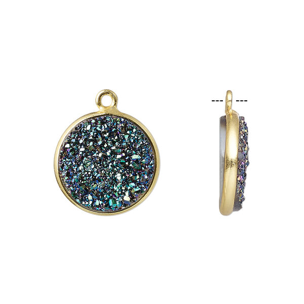 Drop, titanium- / electro-coated druzy agate (coated) / gold-finished sterling silver, green, 15mm hand-cut single-sided flat round. Sold individually. image number 0