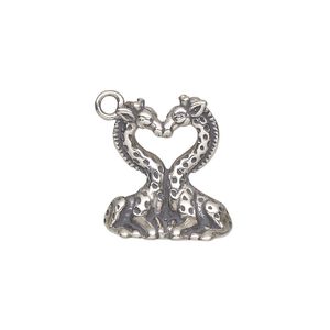 Charm, antiqued sterling silver, 19x17mm single-sided kissing giraffes. Sold individually.