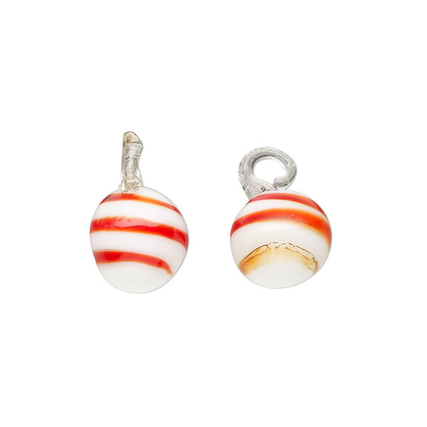 Drop, lampworked glass, opaque red-orange / orange / white, 11x10mm ornament. Sold per pkg of 2. image number 0