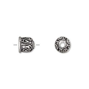 Cord end, glue-in, antique silver-plated brass, 8x7mm round with line design, 4.5mm inside diameter. Sold per pkg of 6.