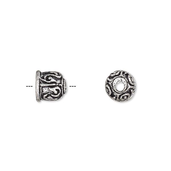 Cord end, glue-in, antique silver-plated brass, 8x7mm round with line design, 4.5mm inside diameter. Sold per pkg of 6. image number 0
