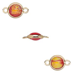 Link, Opalized Ice™, "opal" (resin) and gold-finished brass, orange, 9.5mm double-sided round. Sold per pkg of 6.