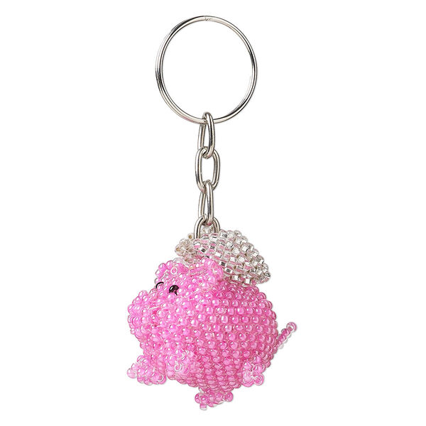 Keychain, nylon / glass / stainless steel, multicolored, 34x32x24mm flying pig, 3 inches with split ring. Sold individually. image number 0