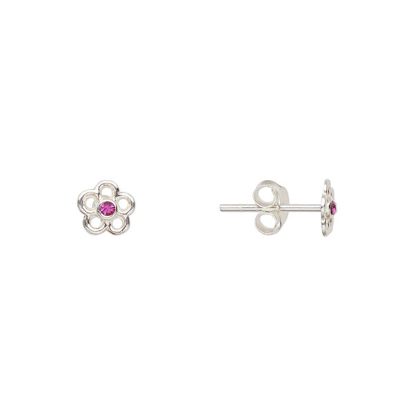 Earstud, Create Compliments®, sterling silver and crystal, fuchsia, 6mm flower. Sold per pair. image number 0