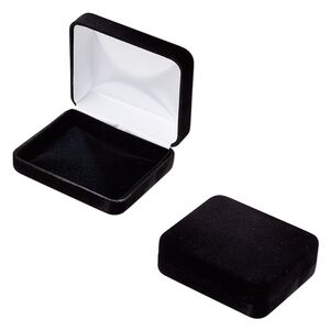 Box, bracelet / rosary, velvet / satin / steel, black and white, 4 x 3-1/4 x 1-3/8 inches. Sold individually.