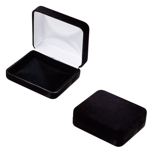 Box, bracelet / rosary, velvet / satin / steel, black and white, 4 x 3-1/4 x 1-3/8 inches. Sold individually. image number 0