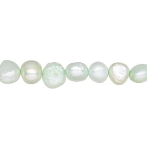 Pearl, cultured freshwater (dyed), soft green, 6-7mm flat-sided potato, D grade, Mohs hardness 2-1/2 to 4. Sold per 16-inch strand.