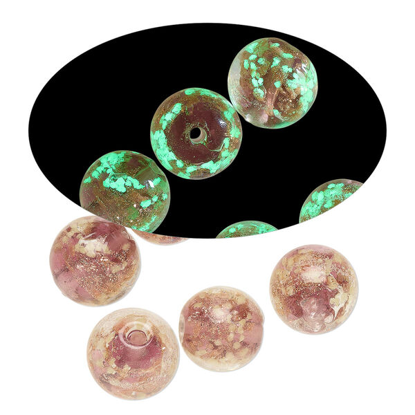 Bead, lampworked glass, clear / purple / glow-in-the-dark / gold, 12mm round. Sold per pkg of 6. image number 0