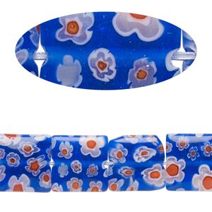 Bead, millefiori glass, translucent cobalt blue/ red / white, 11mm-13x12mm puffed square with flower design. Sold per 14-inch strand.