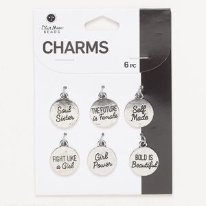 Drop assortment, antique silver-finished "pewter" (zinc-based alloy), 15mm single-sided round, girl power theme. Sold per pkg of 6.